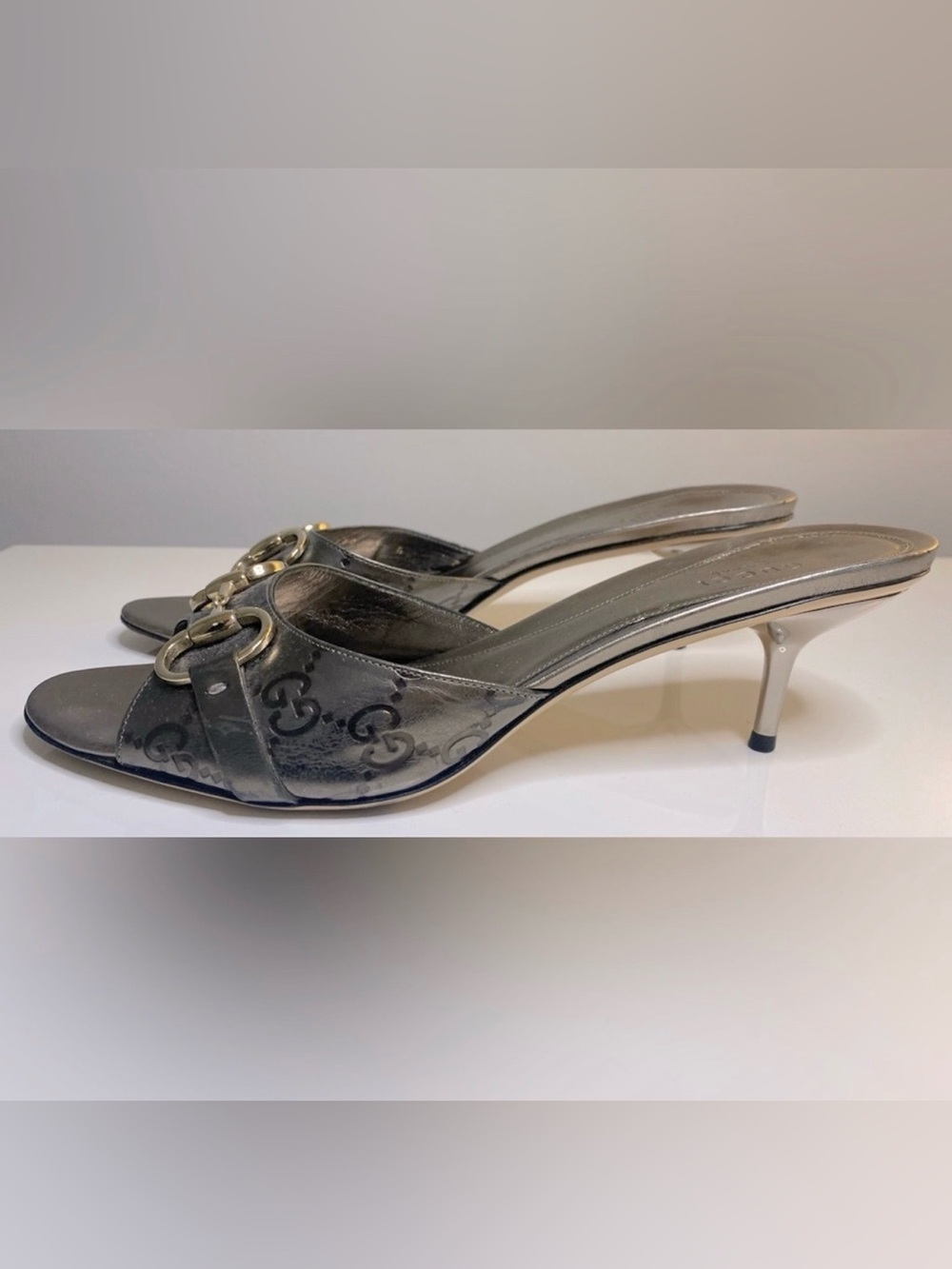 Auth Gucci Metallic silver gunmetal Horsebit Mule 9 Slide heel Guccisima leather - Picture 7 of 7